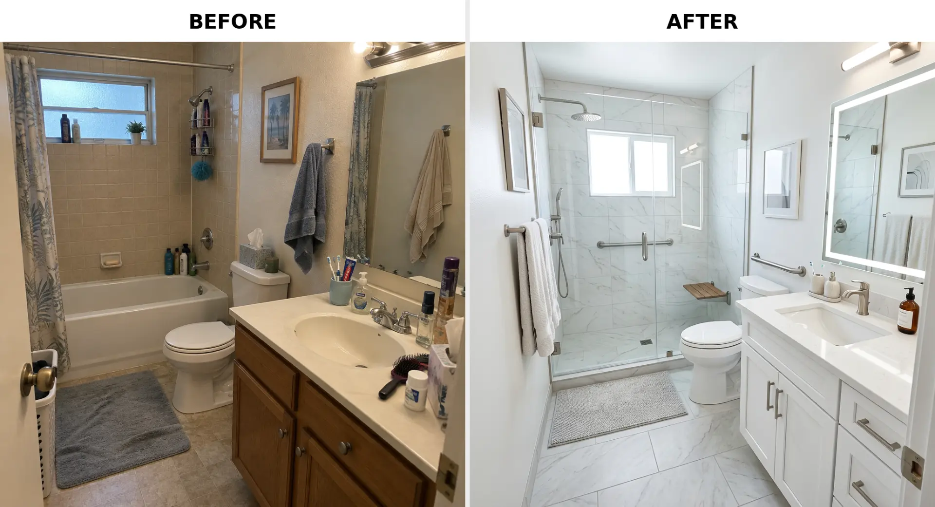 Bathroom before and after conversion from a high-sided tub to an accessible walk-in shower